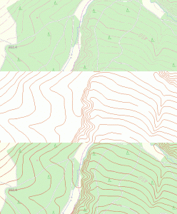 Example: the top third shows the original base map, the second one the output by ContourTrace, the third one shows both images overlayed