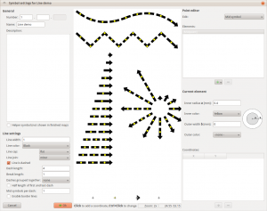 Dashed lines with end symbols (arrow caps) and mid symbols (yellow dots)